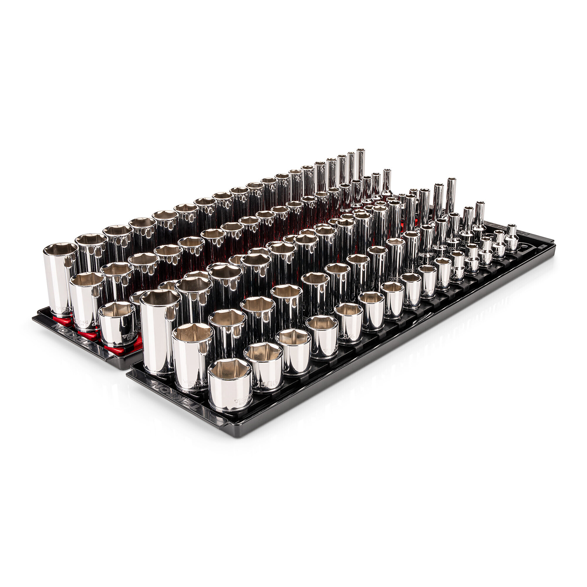 TEKTON 3/8 Inch Drive Shallow, Semi-Deep, and Deep 6-Point Socket Set with Rails and Trays, 102-Piece (1/4 - 1 in., 6 - 24 mm) | SHD91222
